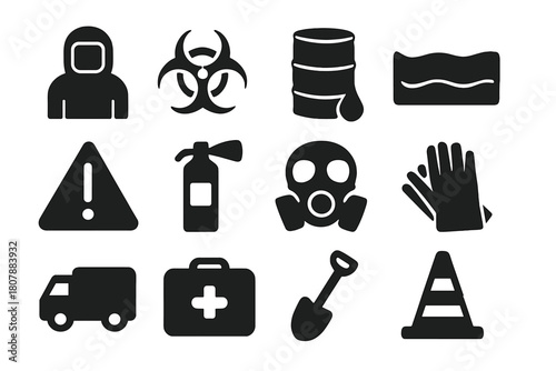 Hazardous Spill Icons. Hazardous Spill Response. Solid icon set of Hazardous Spill Response: hazmat suit, biohazard symbol, chemical barrel, containment