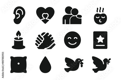 Emotional Support Icons. Emotional Support. Solid icon set of Emotional Support: listening ear, empathy heart, shoulder to lean, reassuring note, calming