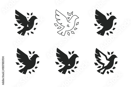 Dove Harmony Logos. War. Icon set. Set Logo of War: dove silhouette fragmented into pieces. harmonious logo variations of the same emblematic concept, each