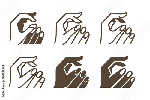 Natural Nail Logos. Natural nails. Icon set. Set Logo of natural nails: cuticle oil dropper above nail plate. harmonious logo variations of the same emblematic