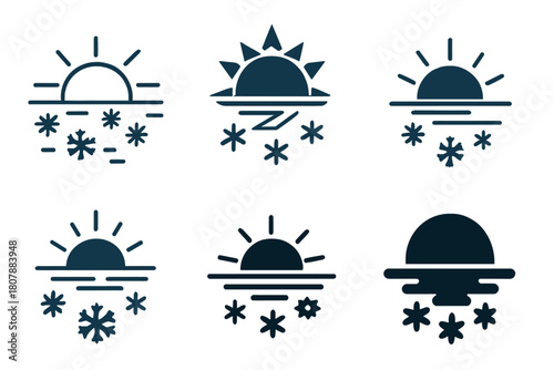 Winter Sun Logos. Ice crystals on a frozen pond. Icon set. Set Logo of Winter Sun: Low sunlight glinting on ice. Stylized detail, Abstract geometric, Minimal
