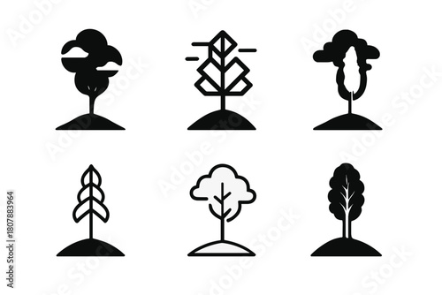 Tall Tree Logos. Tall tree reaching sky. Icon set. Set Logo of tall tree reaching sky: single oak tree under clouds. harmonious logo variations of the same
