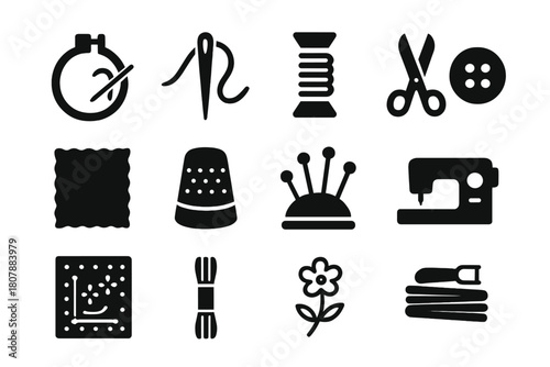 Embroidery Icon Collection. Embroidery Kit. Solid icon set of Embroidery Kit: embroidery hoop, needle, thread spool, scissors, fabric, thimble, pins, button,