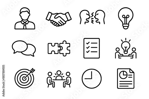 Conflict Resolution Icons. Conflict Resolution. Line icon set of Conflict Resolution: handshake, dove, heart, flag, scale, document, peace symbol, olive