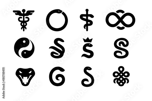 Snake Symbol Icons. Snake Symbols. Solid icon set of Snake Symbols: caduceus, ouroboros ring, serpent cross, infinity coil, yin yang snake, tribal snake, crown