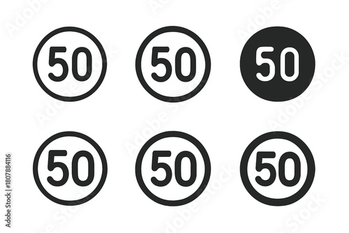 Speed Limit Icons. Restrictions. Icon set. Set Logo of Speed Limit: Road sign with number. Stylized detail, Iconic shape, Minimal outline, Filled silhouette,