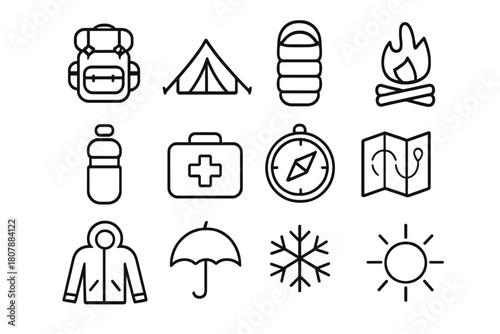 Survival Gear Icons. Survival gear set. Line icon set of Survival gear set: backpack, tent, sleeping bag, fire, water bottle, first aid kit, compass, map,