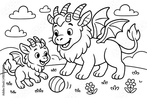 Chimera Family Playtime. Mythical creature family children?s coloring book illustration, outlined drawing, a chimera parent and a baby chimera playing with a