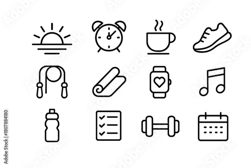 Morning Workout Icons. Morning workout motivation. Line icon set of morning workout motivation: sunrise, alarm clock, coffee cup, running shoe, jump rope, yoga