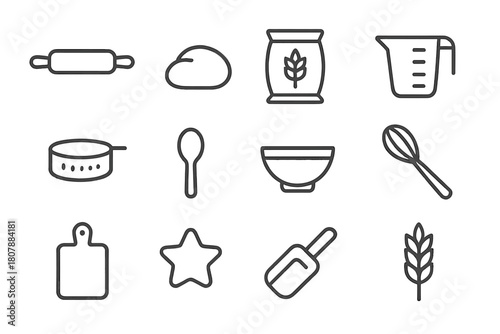 Baking Tools Icons. Flour-covered countertop. Line icon set of flour-covered countertop: rolling pin, dough ball, flour bag, measuring cup, sifter, spoon,