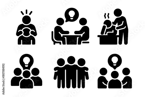 Teamwork Icon Set. Team success. Solid icon set of team success: trophy, celebration, stars, teamwork, arrow up, goal target, people group, thumbs up, rocket,