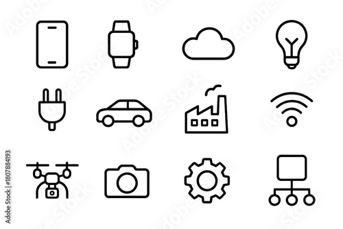 IoT Devices Icon Set. Internet of Things. Line icon set of Internet of Things: smartphone, smartwatch, cloud, smart bulb, plug, car, factory, Wi-Fi, drone,