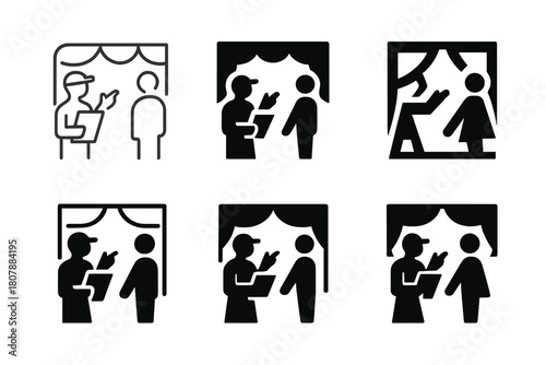 Director Feedback Icons. A director giving feedback to an actor on their performance. Icon set. Set Logo of a director giving feedback to an actor on their