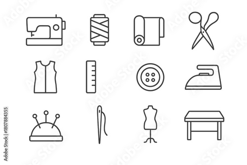 Textile Workshop Icons. Textile workshop. Line icon set of textile workshop: sewing machine, thread spool, fabric roll, scissors, pattern, ruler, button, iron,