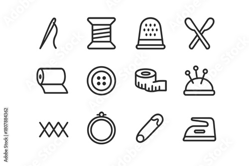 Sewing Tools Icons. Sewing and fabric crafts. Line icon set of sewing and fabric crafts: needle, thread spool, thimble, scissors, fabric roll,