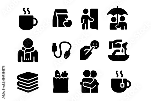Everyday Gesture Icons. Everyday Gestures. Solid icon set of Everyday Gestures: morning coffee, packed lunch, door held, umbrella share, warm scarf, charging