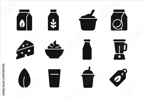 Vegan Dairy Icons. Vegan dairy alternatives. Solid icon set of Vegan dairy alternatives: almond milk, oat milk, soy yogurt, coconut milk, vegan cheese, cashew