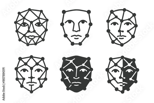 Facial Recognition Logos. Facial recognition. Icon set. Set Logo of facial recognition: camera lens with face aperture motif. harmonious logo variations of the
