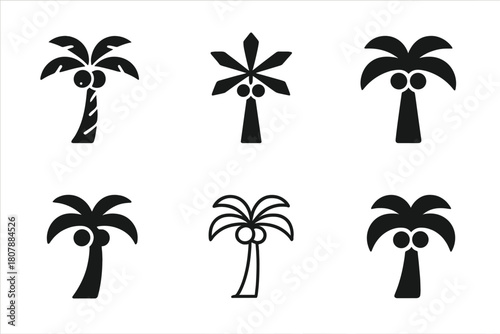 Tropical Tiki Logos. Tropical tiki bar setup and decoration. Icon set. Set Logo of Tropical tiki bar setup and decoration: palm tree with coconuts. harmonious