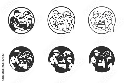 Volunteer Support Logos. Volunteers distributing food and supplies in disaster areas. Icon set. Set Logo of Volunteers distributing food and supplies in