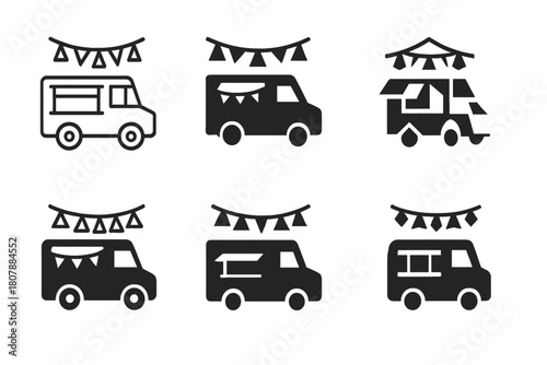 Food Truck Logos. Food truck street parties. Icon set. Set Logo of food truck street parties: barbecue grill beside open truck window. harmonious