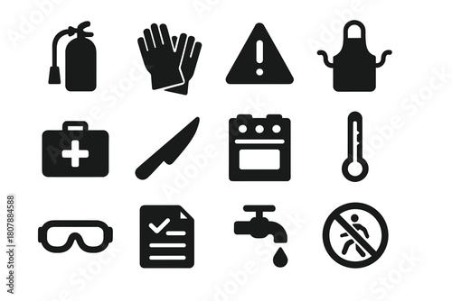 Kitchen Safety Essentials. Kitchen safety. Solid icon set of kitchen safety: fire extinguisher, gloves, caution sign, apron, first aid box, knife, stove,
