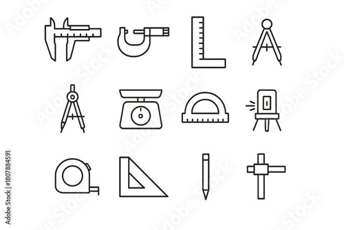 Precision Tools Icons. Precision Tools. Line icon set of Precision Tools: caliper, micrometer, ruler, protractor, compass, scale, angle finder, laser level,