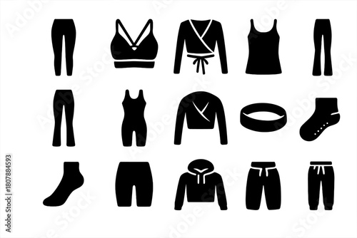 Seamless Yoga Icons. Seamless Yoga. Solid icon set of Seamless Yoga: yoga leggings, strappy bra, wrap top, longline tank, flare pants, unitard,