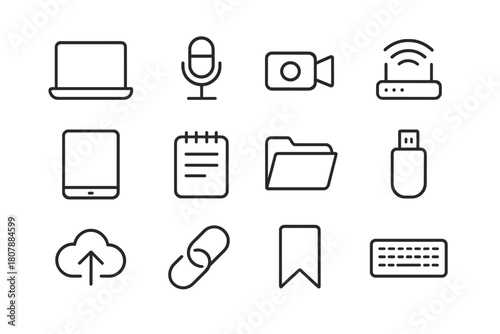 Distance Education Icons. Distance education tools. Line icon set of distance education tools: laptop, microphone, camera, wifi router, digital tablet, notes