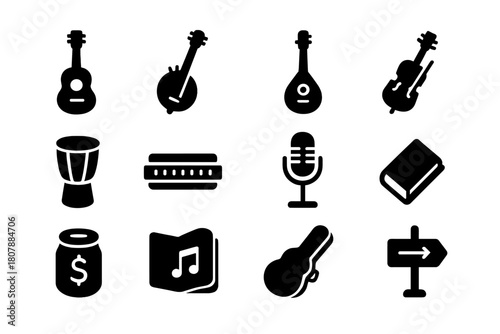 Indie Folk Icons. Indie Folk Street Performers. Solid icon set of Indie Folk Street Performers: acoustic guitar, banjo, mandolin, fiddle, hand drum, harmonica,