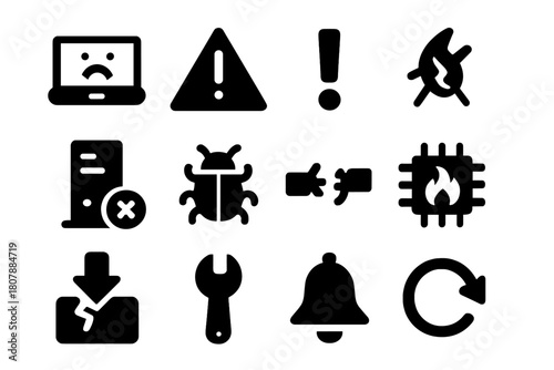 System Failure Icons. System failure. Solid icon set of System failure: computer error screen, warning triangle, red exclamation, power outage, crashed server,