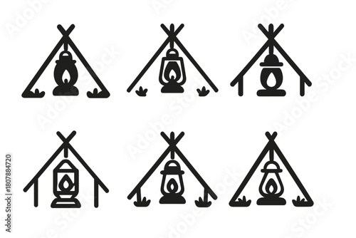 Camping Logo Variations. Group camping adventures. Icon set. Set Logo of group camping adventures: folded map with route line and numbered campsites.
