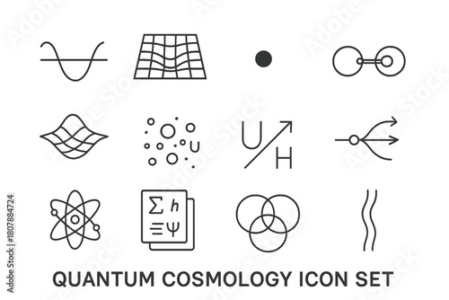 Quantum Cosmology Icons. Quantum cosmology. Line icon set of quantum cosmology: wave-particle duality, Planck scale grid, singularity dot, entanglement link,