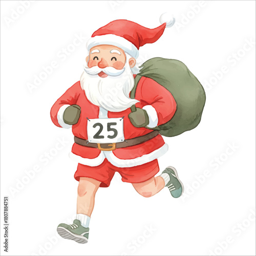 Santa Claus running marathon vector isolated white background Christmas
