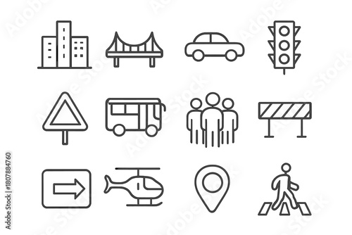 Urban Evacuation Icons. Urban evacuation. Line icon set of urban evacuation: city skyline, bridge, car, traffic light, road sign, bus, people group, police
