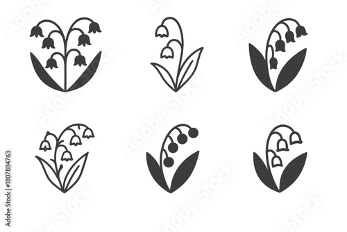 Lily Icon Set. Lily of the Valley. Icon set. Set Logo of Lily of the Valley: botanical silhouette of flower. harmonious logo variations of the same emblematic