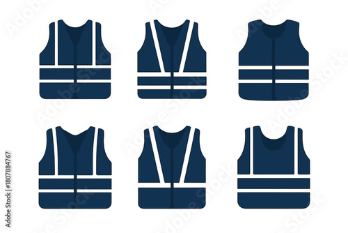 Safety Vest Icons. Blue-collar worker. Icon set. Set Logo of Safety Vest: Reflective clothing. Negative space, Minimal outline, Symmetrical form, Iconic shape,