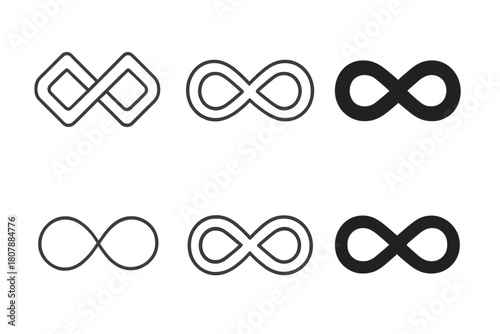 Infinity Symbol Logos. Symbolism in art and its meanings. Icon set. Set Logo of Infinity Loop: Symbol of eternity. Abstract geometric, Stylized detail, Minimal