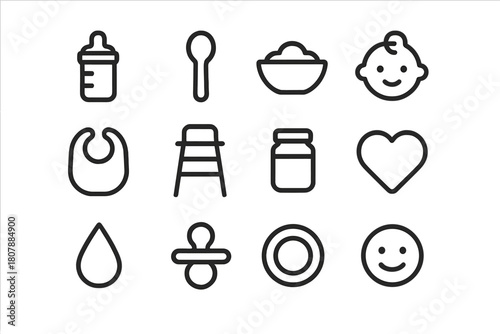 Feeding Icon Set. Feeding Time. Line icon set of Feeding Time: bottle, spoon, bowl, baby, bib, chair, food jar, heart, milk drop, pacifier, plate, smile. All