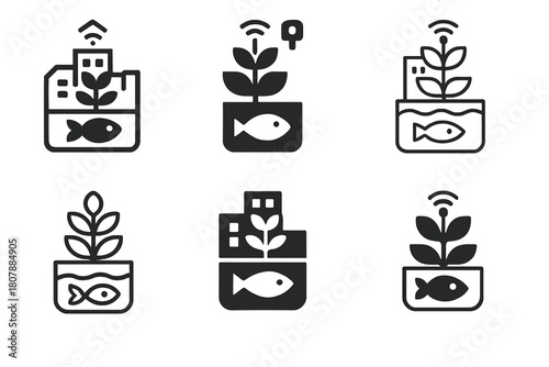 Urban Aquaponics Icons. Growing food with aquaponics in a small urban apartment. Icon set. Set Logo of growing food with aquaponics in a small urban apartment: