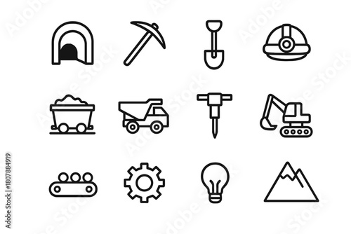 Mining Icons Set. Mining Operations. Line icon set of Mining Operations: tunnel, pickaxe, shovel, helmet, cart, truck, drill, excavator, conveyor belt, gear,