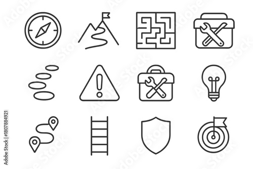 Career Navigation Icons. Navigating career challenges and overcoming obstacles. Line icon set of navigating career challenges and overcoming obstacles: