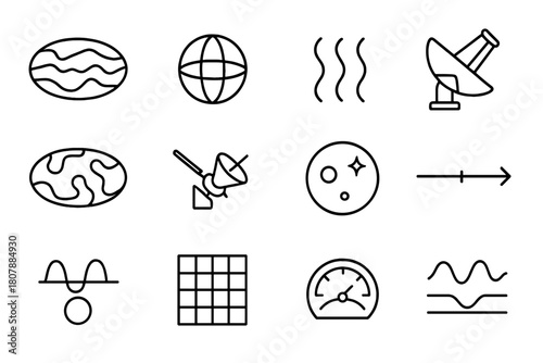 Cosmic Background Icon Set. Cosmic microwave background. Line icon set of cosmic microwave background: wave map, radiation pattern, frequency lines, satellite