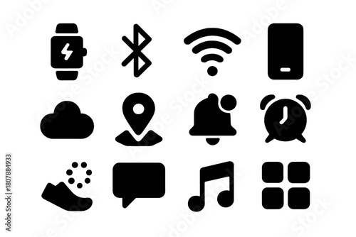 Connectivity Icon Set. Connectivity. Solid icon set of Connectivity: smartwatch, Bluetooth, WiFi, smartphone, cloud, GPS, notifications, alarm, step counter,