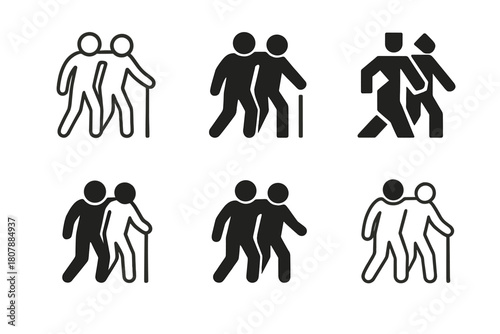 Doctor Visit Icons. Taking a friend to the doctor. Icon set. Set Logo of Taking a friend to the doctor: Prescription handoff. harmonious logo variations of the