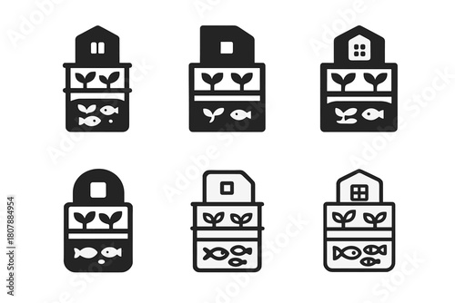 Urban Aquaponics Logos. Growing food with aquaponics in a small urban apartment. Icon set. Set Logo of growing food with aquaponics in a small urban apartment:
