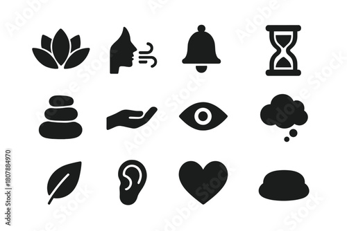 Mindfulness Icon Set. Mindfulness and focus. Line icon set of mindfulness and focus: lotus flower, brain, headphones, breath icon, metronome, chair, journal,