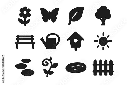 Garden Icon Set. Garden atmosphere. Solid icon set of Garden atmosphere: flowers, butterflies, leaves, tree, garden bench, watering can, birdhouse, sunshine,