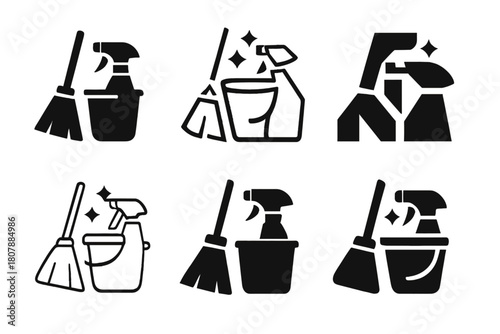 Cleaner Icon Set. Cleaner. Icon set. Set Logo of cleaner: organized cleaning tools. harmonious logo variations of the same emblematic concept, each with