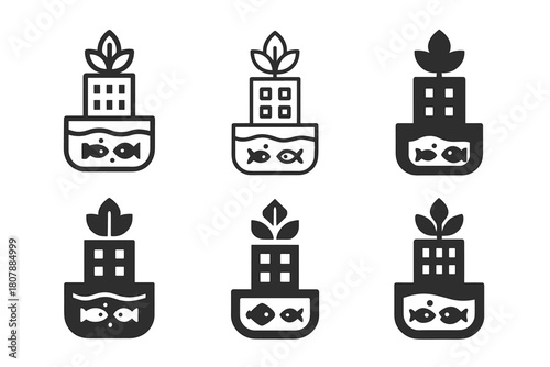 Urban Aquaponics Logos. Growing food with aquaponics in a small urban apartment. Icon set. Set Logo of growing food with aquaponics in a small urban apartment: